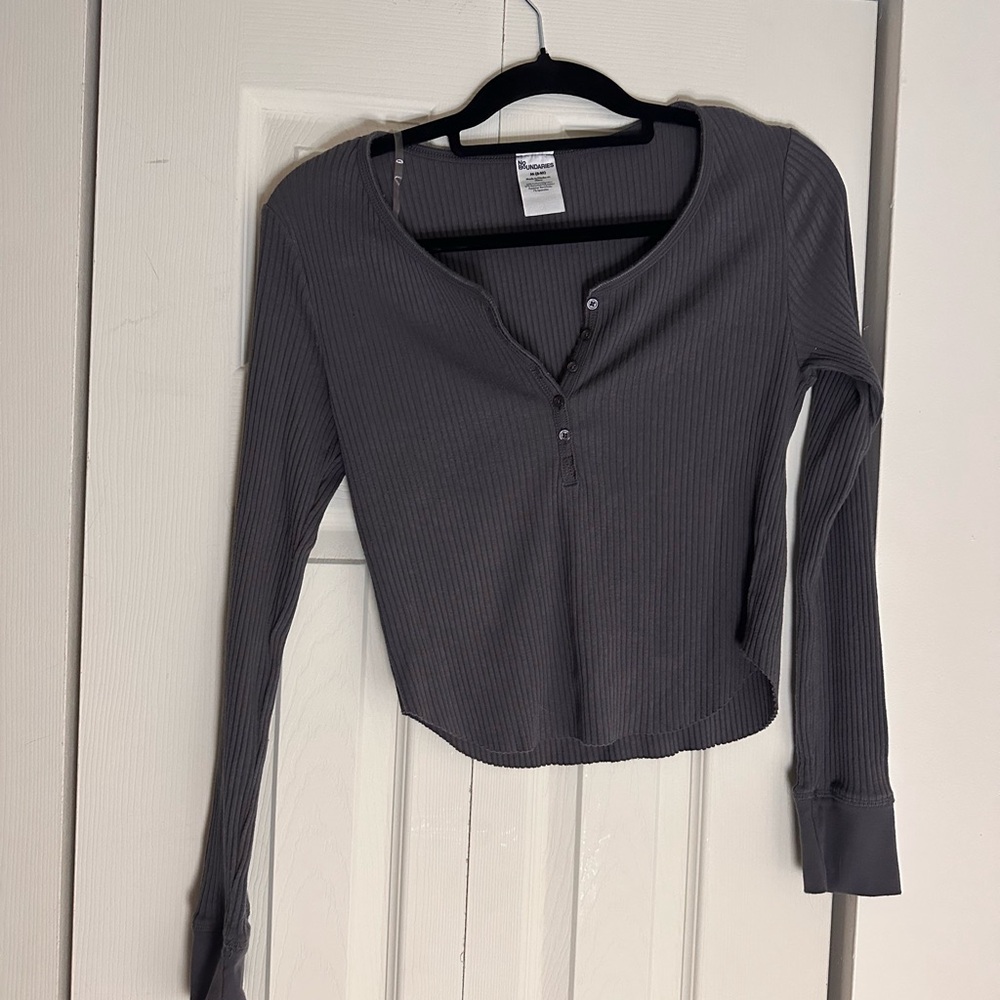 No Boundaries Ribbed Henley Long-Sleeve Top - Charcoal